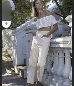 ZARA デニム　ホワイトパンツウエストゴムハイウェストEUR32XS
