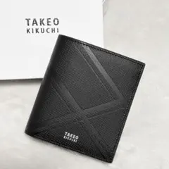 新品 未使用 タケオキクチ 二つ折り財布 黒×赤 エンボス加工 牛革 レザー財布