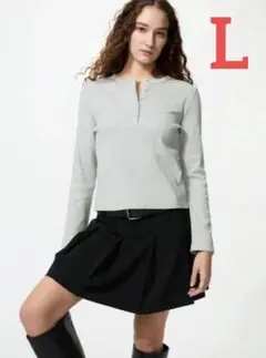 新品 ユニクロ / リブヘンリーネックT（LIGHT GRAY・Lサイズ）