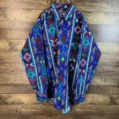 オーバーサイズ 古着 総柄シャツ 長袖 ネイティブ 레트로 L マルチ