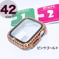 Apple Watch 42mm 保護ケース ピンクゴールドキラキラ 強化ガラス