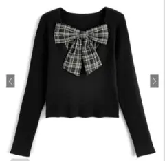 GRL グレイル チェック柄リボンドッキングリブニットトップス