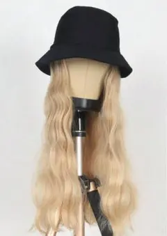 黒 バケットハット ロングブロンドウィッグセット
