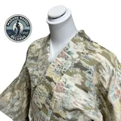 着物 小紋 カジュアル 正絹 十日町紬 手織り ベージュイエロー Ｍ寸 MWR