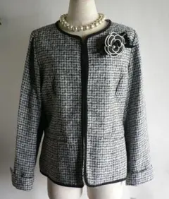 新品17号黒白ノーカラーツイードジャケット卒業式入学式フォーマルセレモニー ４L
