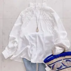 タグ付新品　French pave シアーレースのきれいめブラウストップス　白