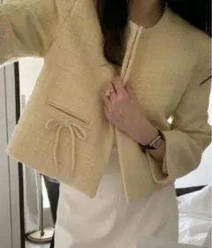 新品　deux amour ノーカラーリボンポケットジャケット