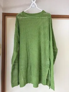 グリーン メッシュ編み 長袖セーターのサムネイル