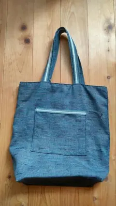 ダークブルー トートバッグ 外ポケット付き