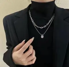 シルバー 2重ネックレス　チェーンネックレス　プレート型　３way