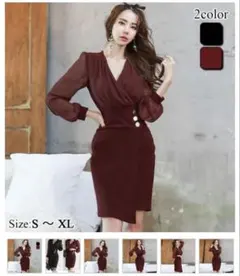 GRAXIA Ｖネック長袖ワンピース （size XL）ワインレッドカラー