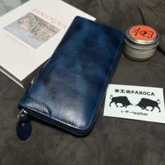 新作品　数量限定　藍色　手染めイタリアンレザー メンズ 牛革本革　長財布