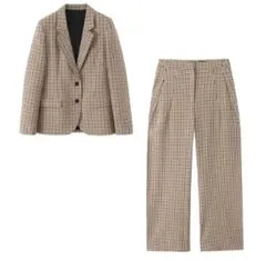 レディース チェック柄セットアップ ジャケット＆パンツ／ベージュブラウン