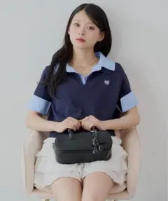 Chico 刺繍入り襟付きポロニット ネイビー