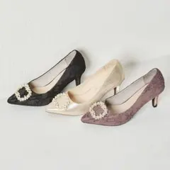 ビジュー付きサテンハイヒールパンプス