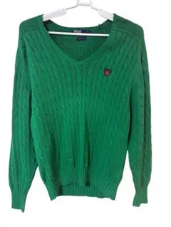 【希少ナイガイ製】ポロラルフローレン ケーブルニット Vネック ワッペンロゴ L