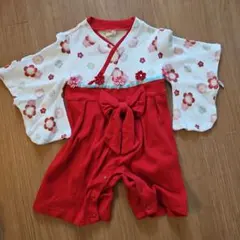 お食い初め★70サイ赤と白の花柄着物スタイルロンパース