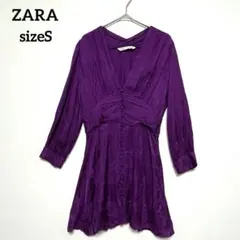 【ザラ】パープル 花柄総柄シルク調チュニック S エレガント