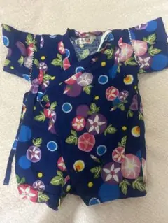 ネイビー 青 ブルー 花柄 甚平 ロンパース 80cm
