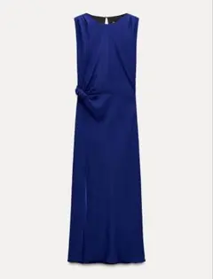 新品タグ付 ZARA フロントノット付きミディ丈ワンピース ロイヤルブルー M