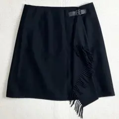 23区 フレアスカート　大きい　48 ブラック　革ベルト　ラップ風　フリンジ