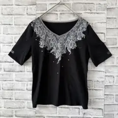 未使用 ラガーフェルド スパンコール レース カットソー Tシャツ 黒 40のサムネイル