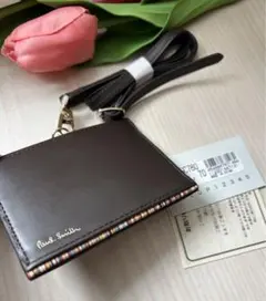 Nポールスミス★レザー茶×マルチストライプIDカードホルダーネックストラップ新品