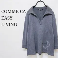 コムサイージーリビング　スキッパーシャツカットソー花イラストプリント7分袖グレー