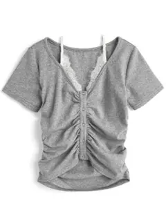 GRLグレイルレースキャミドッキングギャザートップスグレー半袖