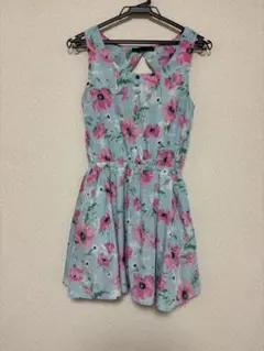 平成ギャル風☆水色花柄ノースリーブミニワンピース