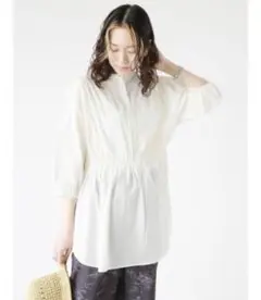 Samansa Mos2 blue ウエストギャザー7分袖チュニック　コットン