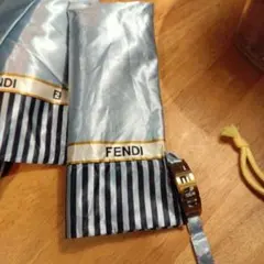 FENDI 雨傘 ストライプ柄 ゴールドロゴ金具 折たたみ23センチのサムネイル