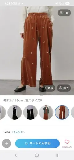 刺繍ベロアパンツ フリーサイズ ブラウン