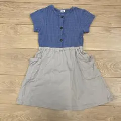 ワンピース 110㎝　半袖　ブルー　グレー　ペアマノン　ポケット　ボタン　女の子