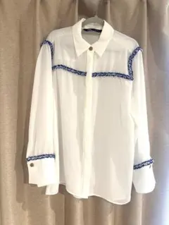 ZARA 長袖シャツ ホワイト ブルー フリンジデザイン