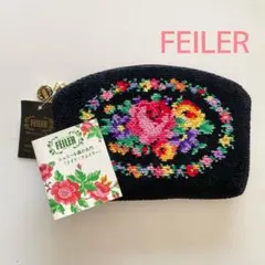 新品タグ付 フェイラー 花柄刺繍 ポーチ ブラック