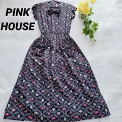 ピンクハウス　ロングワンピース　フレンチスリーブ　リボン　花柄　ブラック