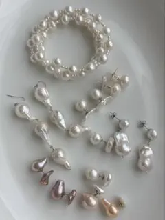 虹色　淡水パール　チャーム　レア　ダブル真珠　ピアス&キャッチ　ブレスレット