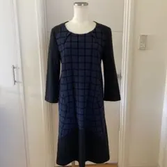 アツロウタヤマ　チェック柄切り替えワンピース　ネイビー　サイズ36