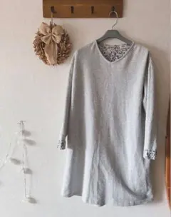 カットソー グレー チュニック 長袖 トップス　ワンピース　重ね着風 シンプル