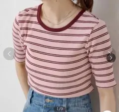 ストライプラウンドネック半袖Tシャツ F