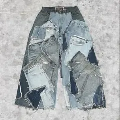 希少❗️リメイクデニム パッチワーク 再構築 ビジュ 星 一点物 ワイド 