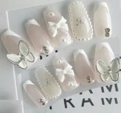 ネイルチップ 韓国ネイル ワンホン パール 量産型 蝶々 フレンチネイル
