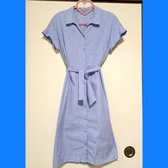 美品★[洗える]Dカンベルテッドシャツワンピース★仕事着にも◎ブルーストライプ