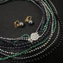 ストーンビーズ5連ネックレス＆イヤリング アンティーク 2点 セット ヘマタイト