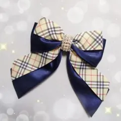 専用　たらりんヘアリボン　ヘアゴム　357　チェック　紺　上品　パール