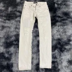 オーバーデザイン　ホワイト　デニムパンツ　スキニー　リペア　レザー使用　28