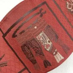120半幅帯 小袋帯 正絹 博多織 暗めの紅唐色 干物や成り物文様 小紋 着物