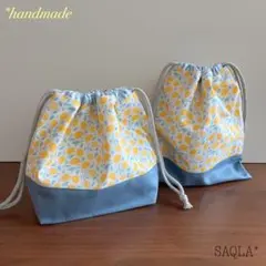 【No.6】ハンドメイド　お弁当袋＆巾着袋2点セット レモンブルー