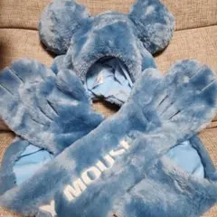 ミッキーマウス 耳付き マフラーキャップ 青